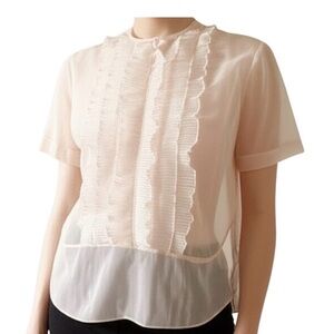 Vintage Sheer Ruffle Front Blouse in Pale Pink and White